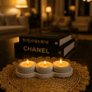 3’lü El Yapımı Taş Mumluk ve Alt Sunumluk | Dekoratif Tealight Seti