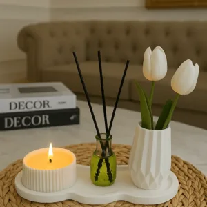 4'lü Set - Kokulu Mum, Oda Kokusu, Vazo ve Sunum Altlıklı Şık Dekoratif Set