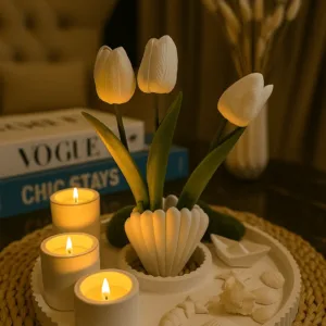 7 Parça Dekoratif Sunum - İstiridye Vazolu Deniz Temalı Tealight Mumluk Seti