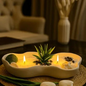 Beyaz İnci Tozlu Mum ve Premium Beton Kaseli Doğal Dekor Seti