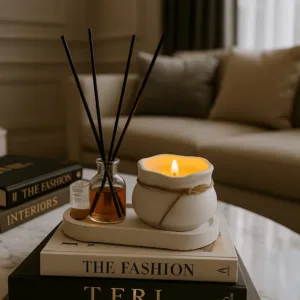 Dekoratif Kavanoz Kokulu Mum ve Oda Kokusu, Sunum Altlıklı Şık Set