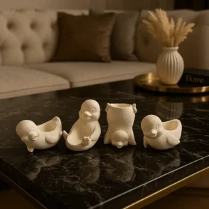 4’lü Taş Tozu Penguen Biblo Seti – Dekoratif Masa ve Raf Süsü