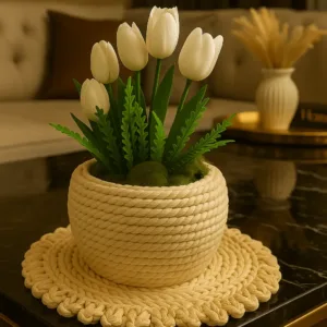 El Yapımı Halat Saksı ve Taş ile Üretilmiş Saksı Dekor – Hediyelik & Dekoratif