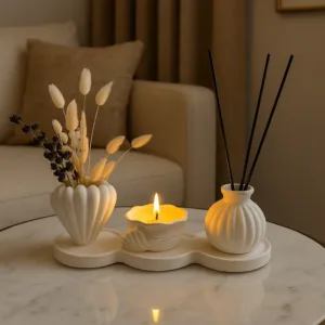 4’lü Dekor Set – Altlık, İstiridye Saksı, İstiridye Kokulu Mum ve Oda Kokusu