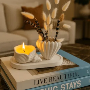 İstiridye Formunda Kokulu Mum ve Vazo Sunum Altlıklı Dekoratif Set