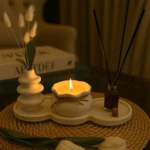 Minimalist Dekoratif Mum Seti & Oda Kokusu, Taş Vazo ve Özel Tasarım Tepsi ile