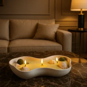 Dekoratif 3 Fitilli Deniz Temalı Kase İnci Mum