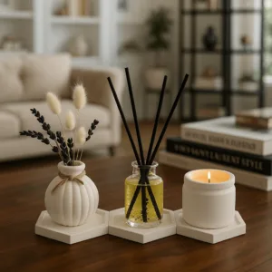 6'lı Set - 3’lü Altlık Seti + Dekoratif Vazo, Kokulu Mum ve Lüks Oda Kokusu