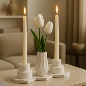 3’lü Altlık Seti + Dekoratif Vazo ve 2’li Şamdanlık