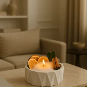 Büyük Boy Taş Tozu Dekoratif Kase İçinde Tarçın ve Kurutulmuş Portakal Süslemeli İnci Kumu Mum