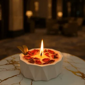 Dekoratif Büyük Kase İnci Kumu Mum – Gül Süslemeli El Yapımı