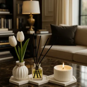6'lı Set Premium 3’lü Altlık Seti + Dekoratif Vazo, Kokulu Mum ve Lüks Oda Kokusu